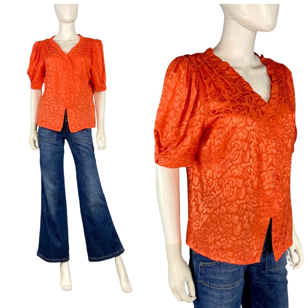 Vintage 80s red silk puff sleeve rose print short sleeve shirt top blouse